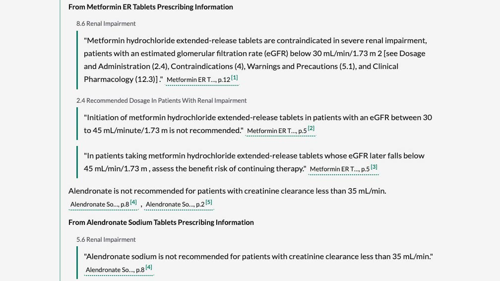 An answer grouped under each drug label, with quoted passages and page citations under each heading.